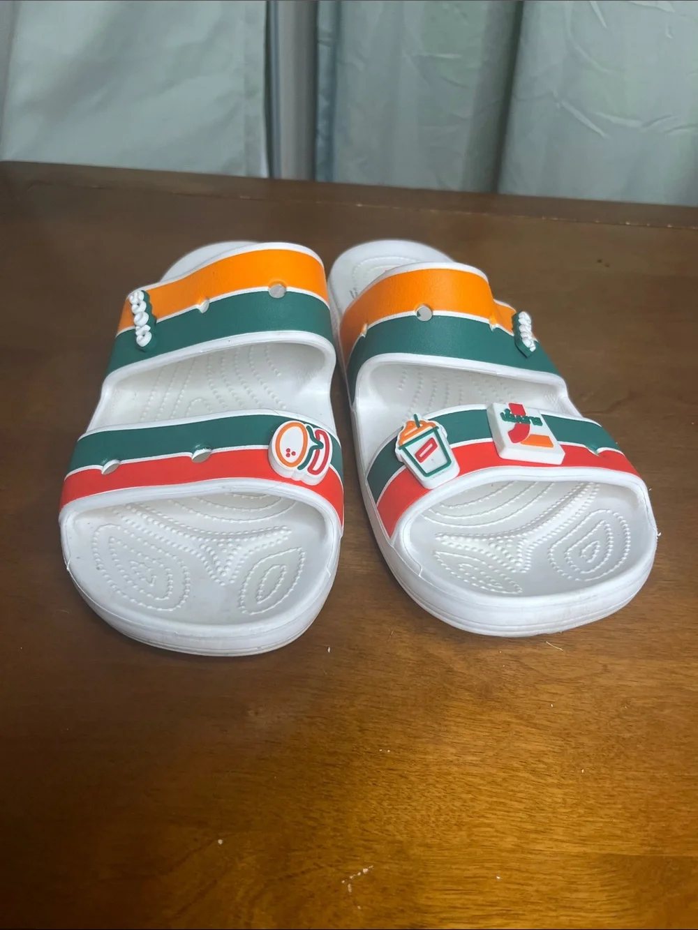 CROCS Kids' White Slides with Orange, Green & Red Stripes